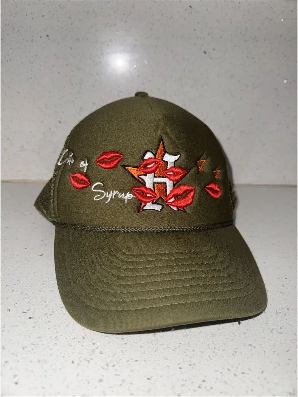 Dropout New York City of Syrup Houston Astros Trucker Hat Cap Olive Green Lips